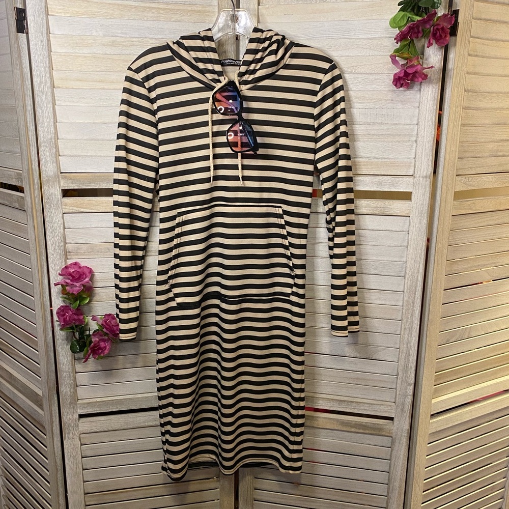 Creme & Black Striped Hooded Tunic Dress